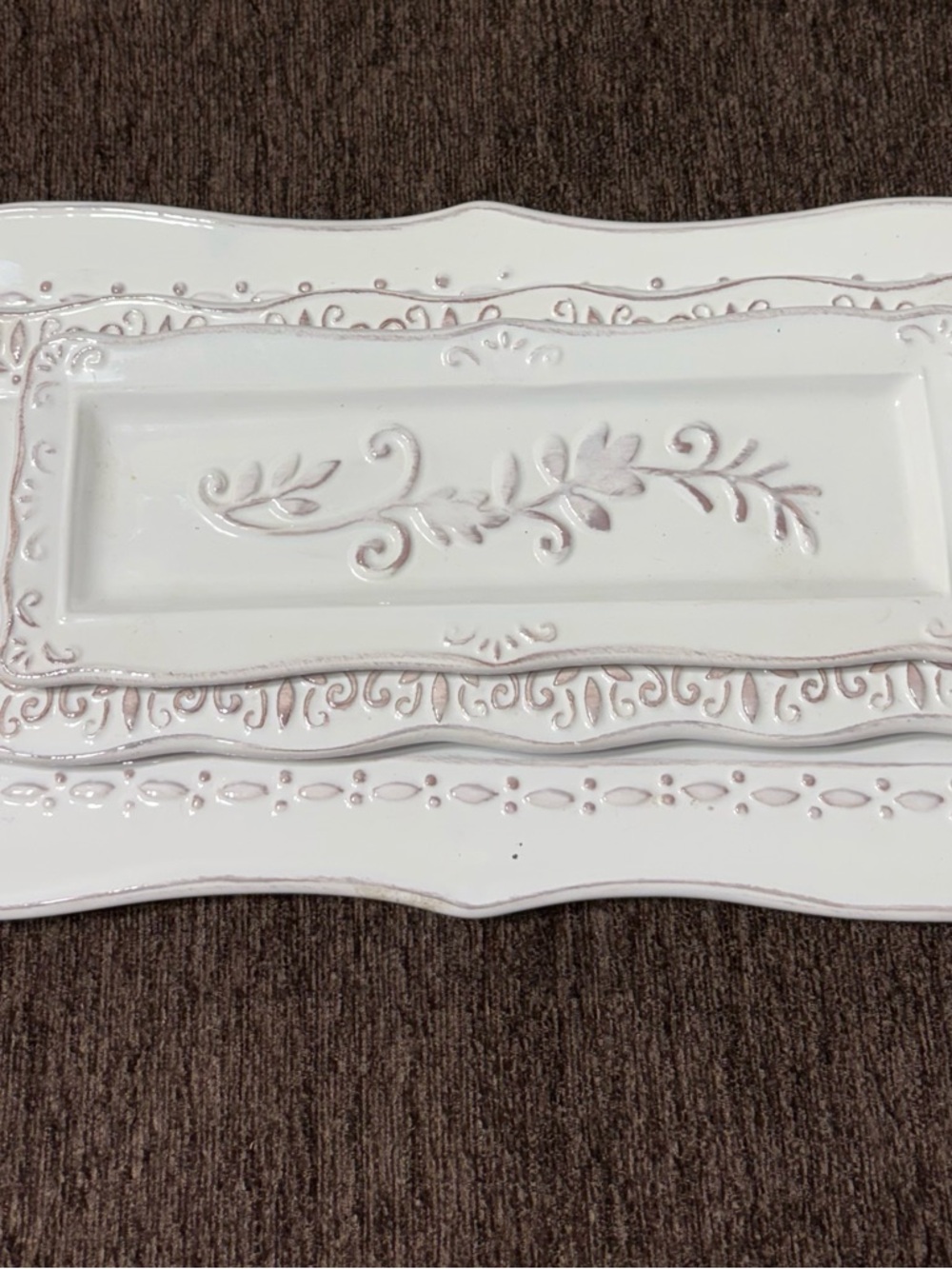 White Embossed Decorative Ceramic Tray set/3 Shabby Chic